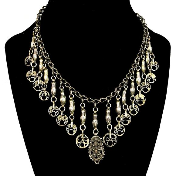 Vintage SilverPlated Filigree Charm 17 in Statement Dangle Drop Necklace - Picture 1 of 6